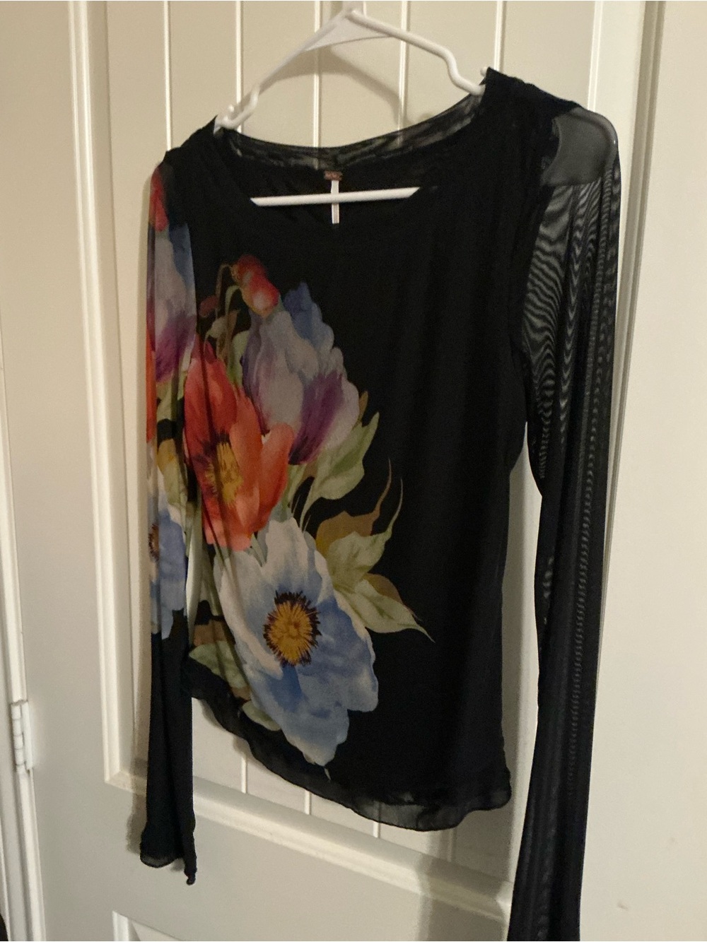 Anthropologie Black Long-Sleeve Sheer Top with Multicolor Floral Print